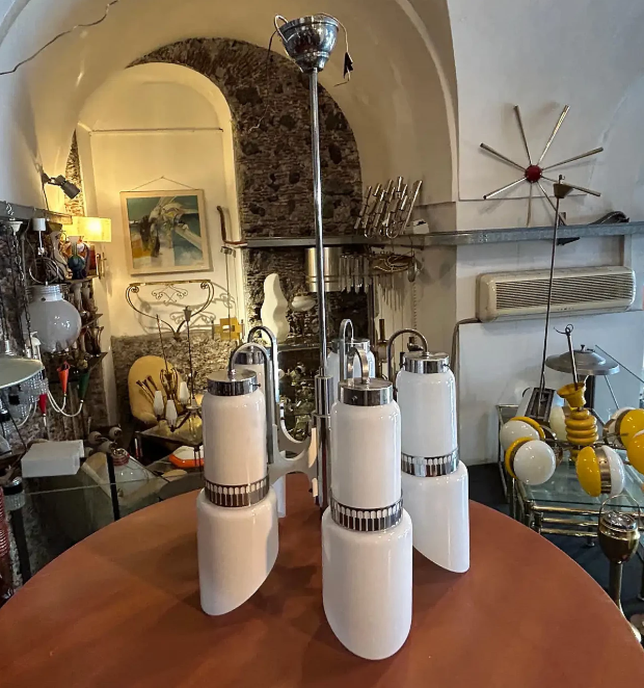 White glass, wood and metal chandelier by Gaetano Sciolari, 1970s 4