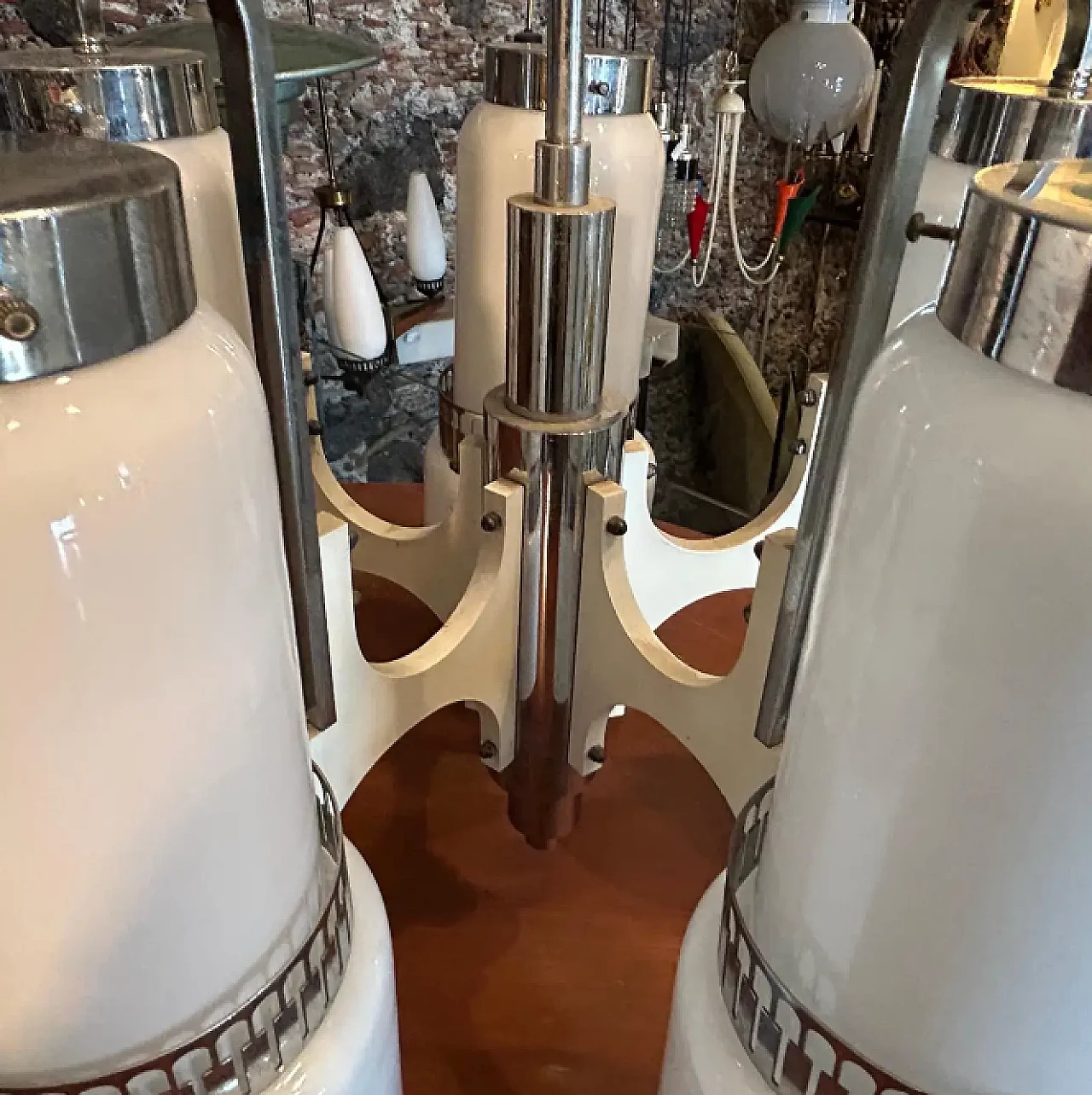 White glass, wood and metal chandelier by Gaetano Sciolari, 1970s 5