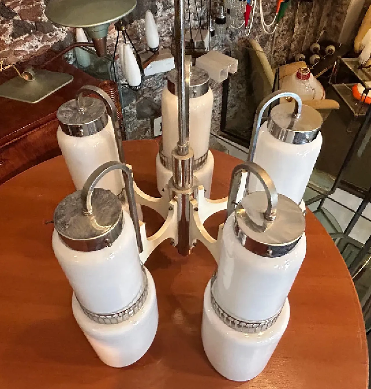 White glass, wood and metal chandelier by Gaetano Sciolari, 1970s 6