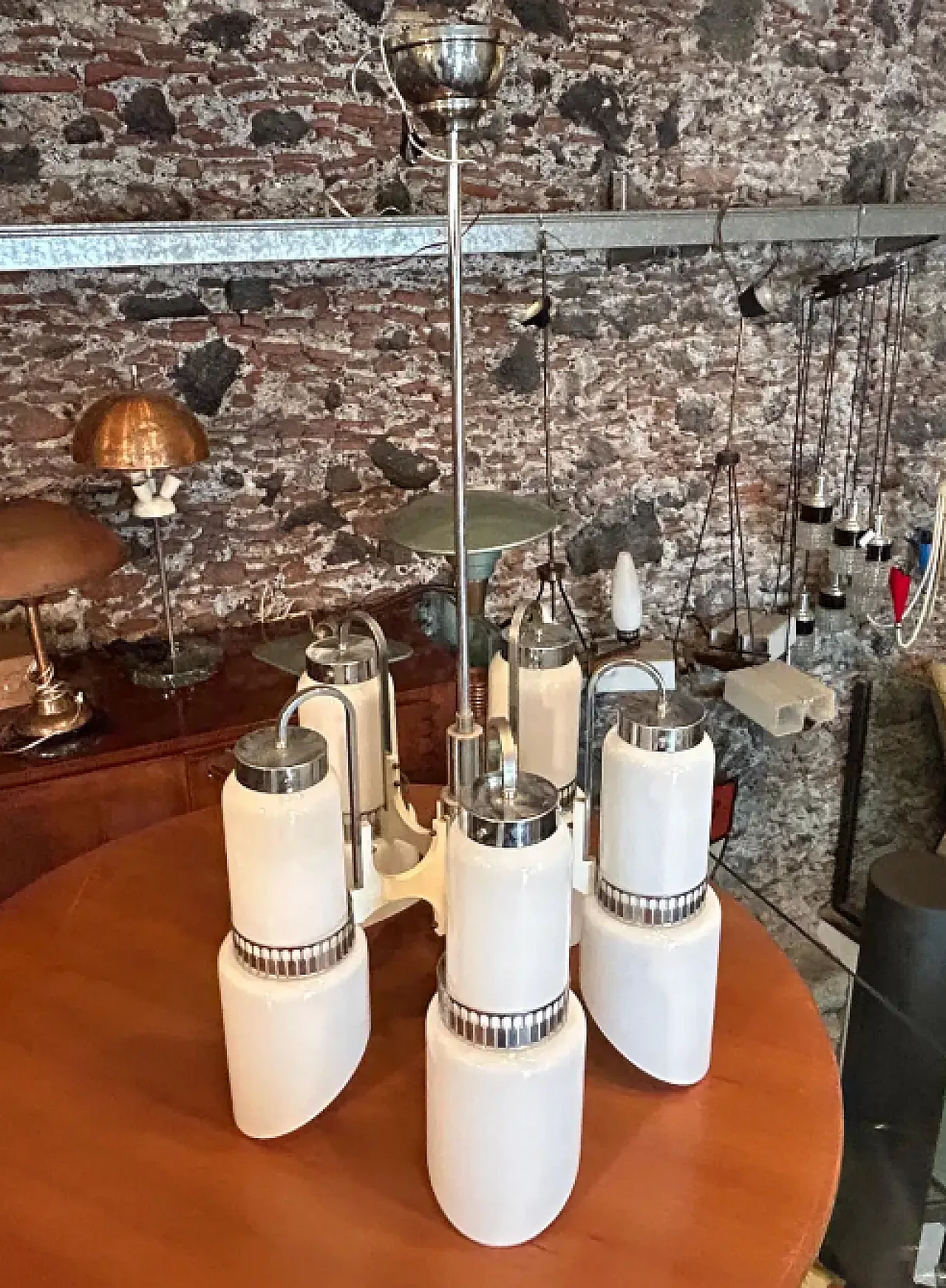 White glass, wood and metal chandelier by Gaetano Sciolari, 1970s 7