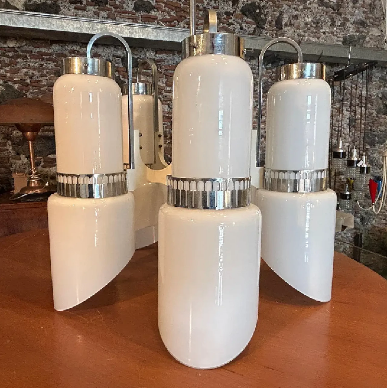 White glass, wood and metal chandelier by Gaetano Sciolari, 1970s 8