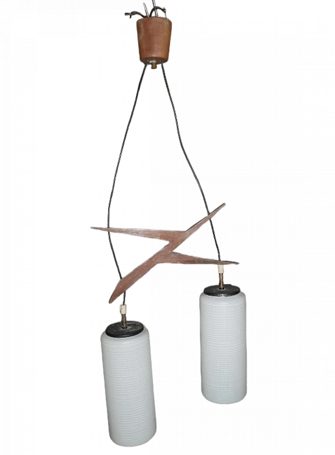 Lampadario con struttura in teak e diffusori cilindrici in vetro lattimo, anni '60 13