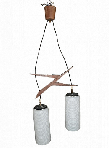 Chandelier with teak frame and cylindrical lattimo glass diffusers, 1960s