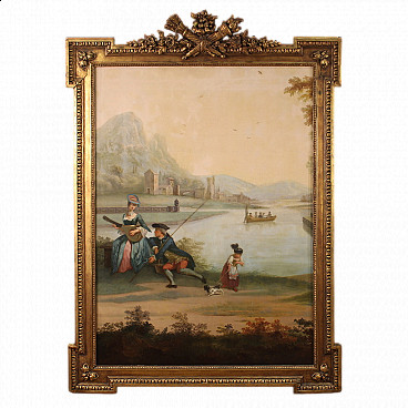 Dipinto olandese di scena galante sul lago, olio su tela, fine '700