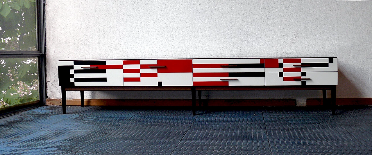 Op-Art sideboard with glass top and solid wood handles in Bauhaus style, 1970s 1