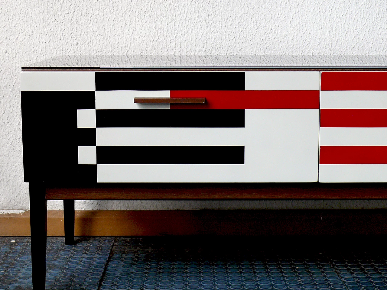 Op-Art sideboard with glass top and solid wood handles in Bauhaus style, 1970s 2