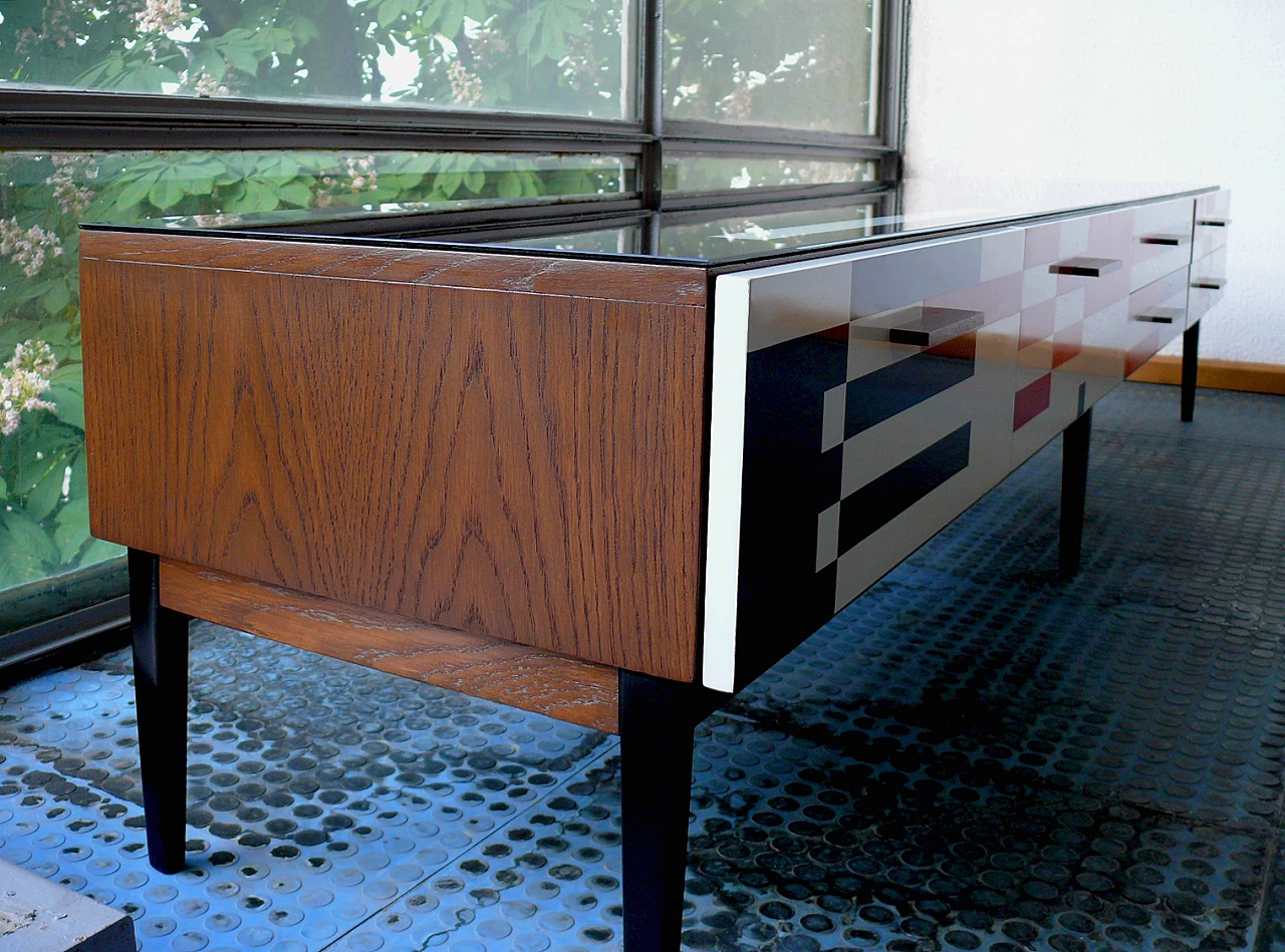 Op-Art sideboard with glass top and solid wood handles in Bauhaus style, 1970s 4