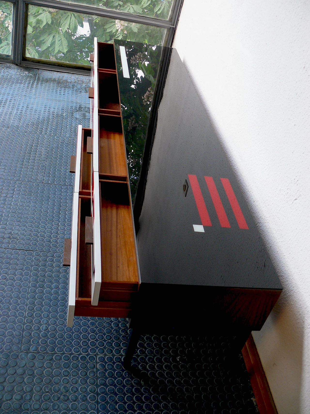 Op-Art sideboard with glass top and solid wood handles in Bauhaus style, 1970s 5