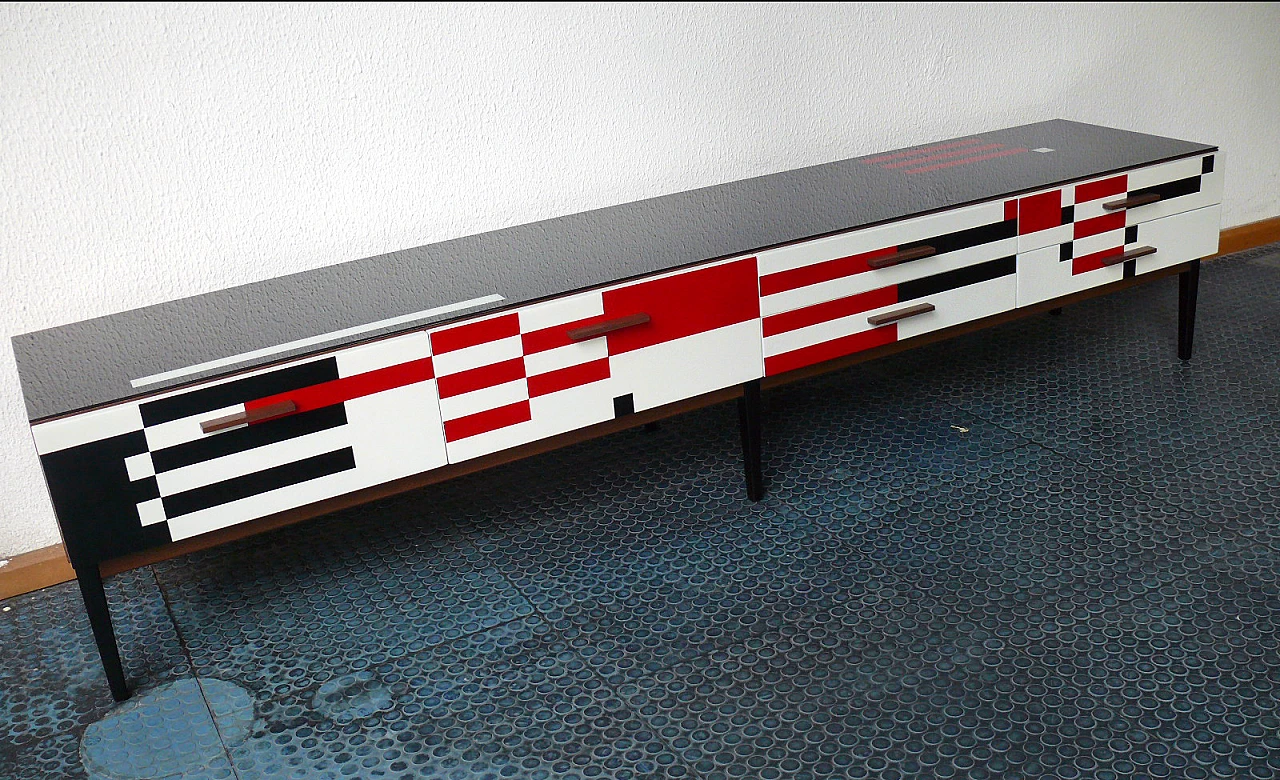 Op-Art sideboard with glass top and solid wood handles in Bauhaus style, 1970s 6