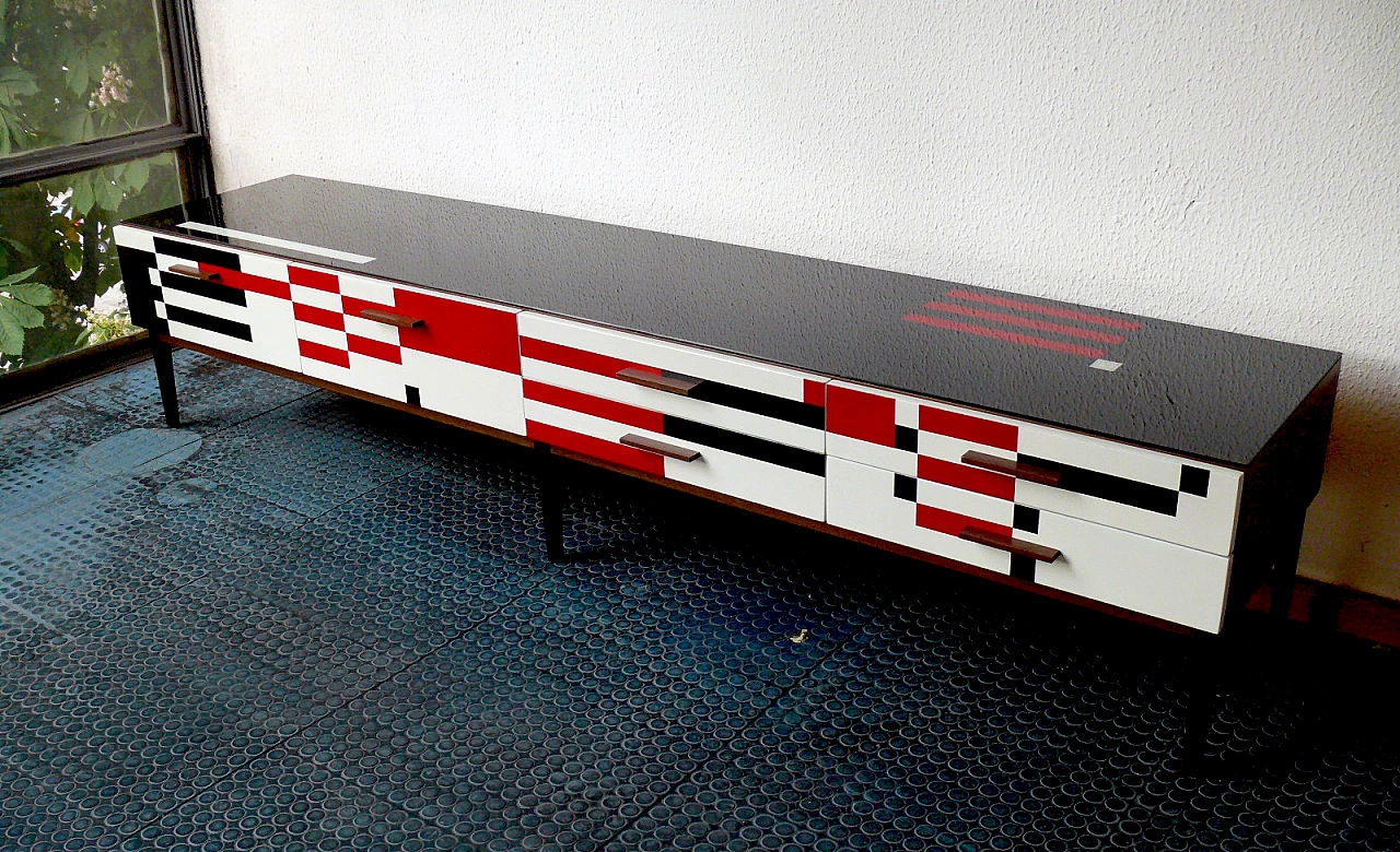 Op-Art sideboard with glass top and solid wood handles in Bauhaus style, 1970s 7
