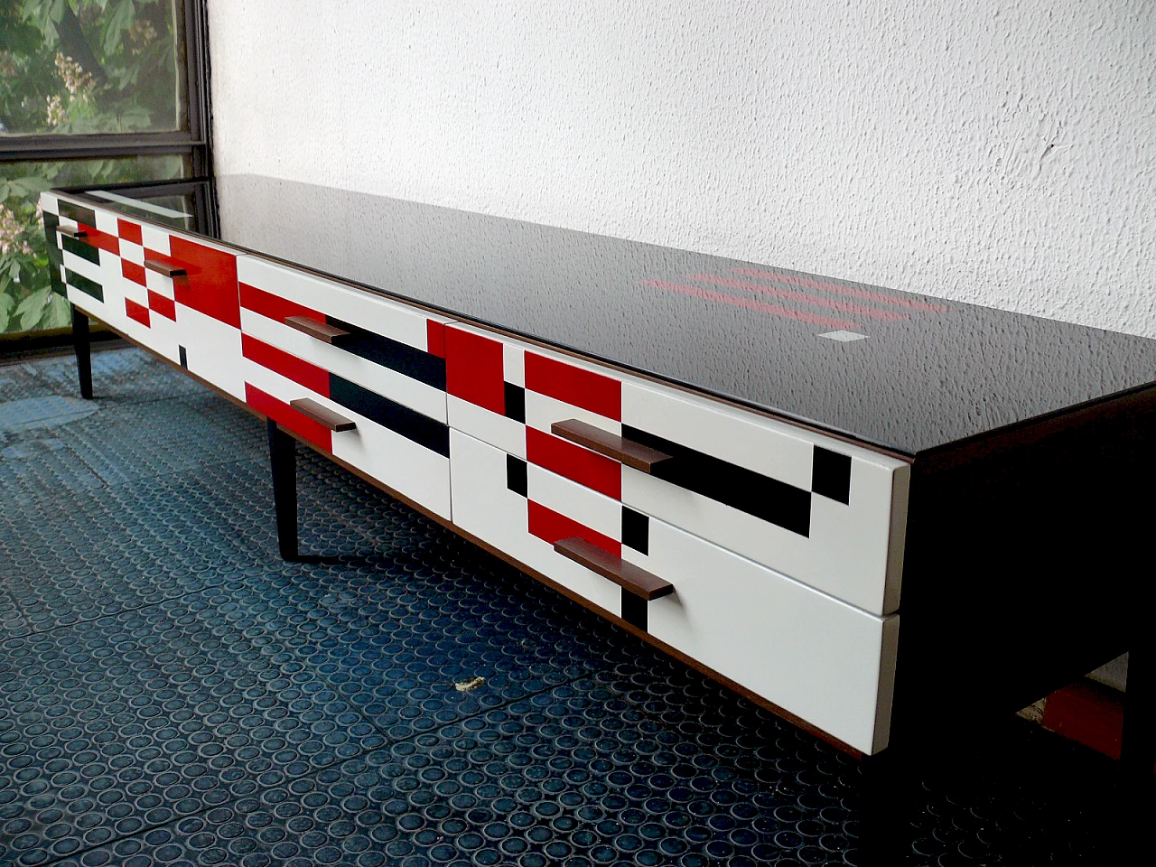 Op-Art sideboard with glass top and solid wood handles in Bauhaus style, 1970s 8