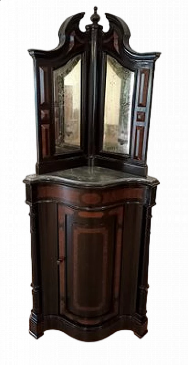 Walnut corner cabinet with mirrors and marble top, second half of the 19th century