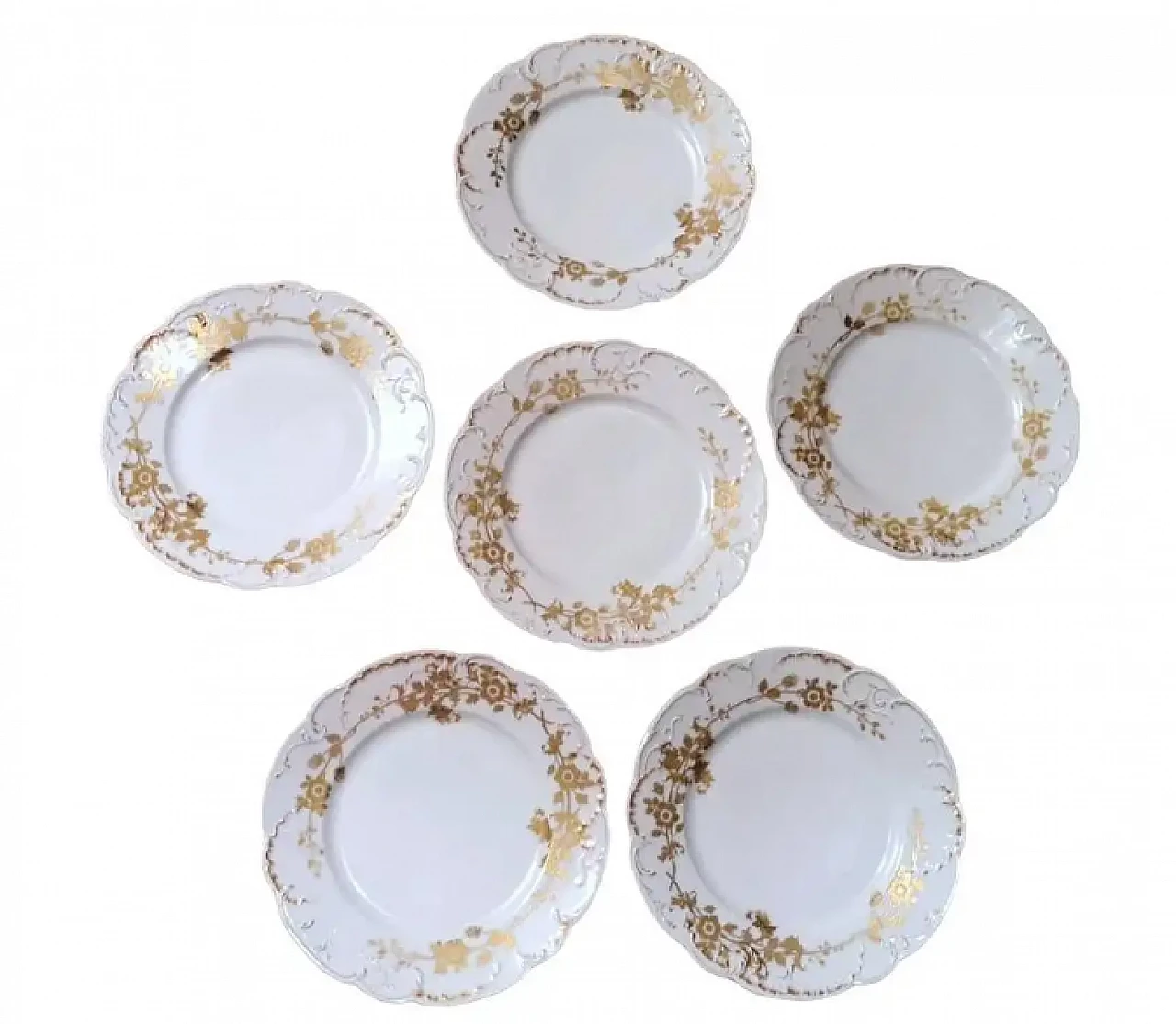 6 Flat plates in white Limoges porcelain with gilded decoration by Haviland, early 20th century 1