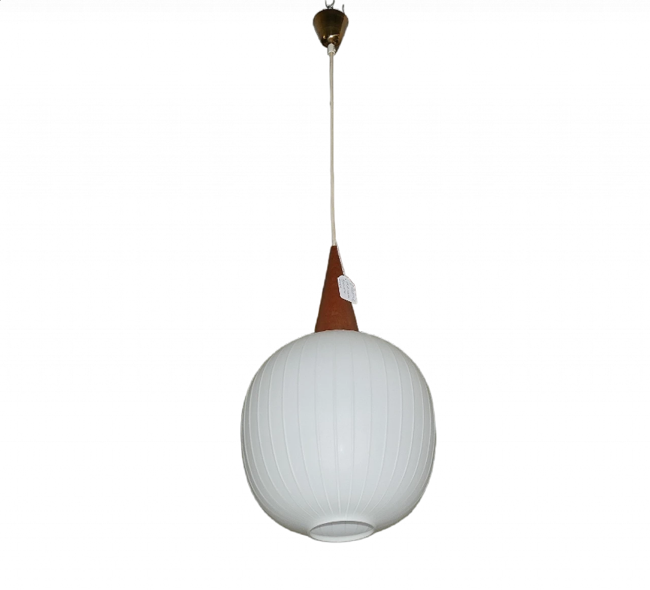 Oval milky white glass chandelier with teak conical decoration, 1960s 9