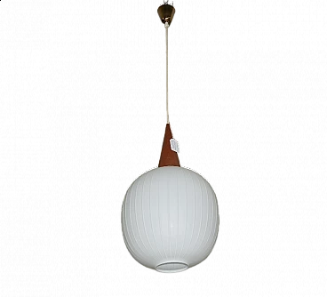 Oval milky white glass chandelier with teak conical decoration, 1960s