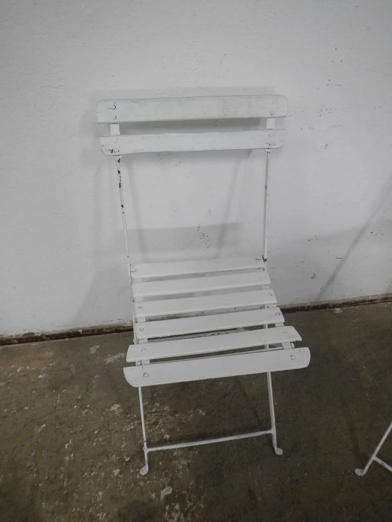 Pair of white iron and spruce folding chairs, 1950s 3