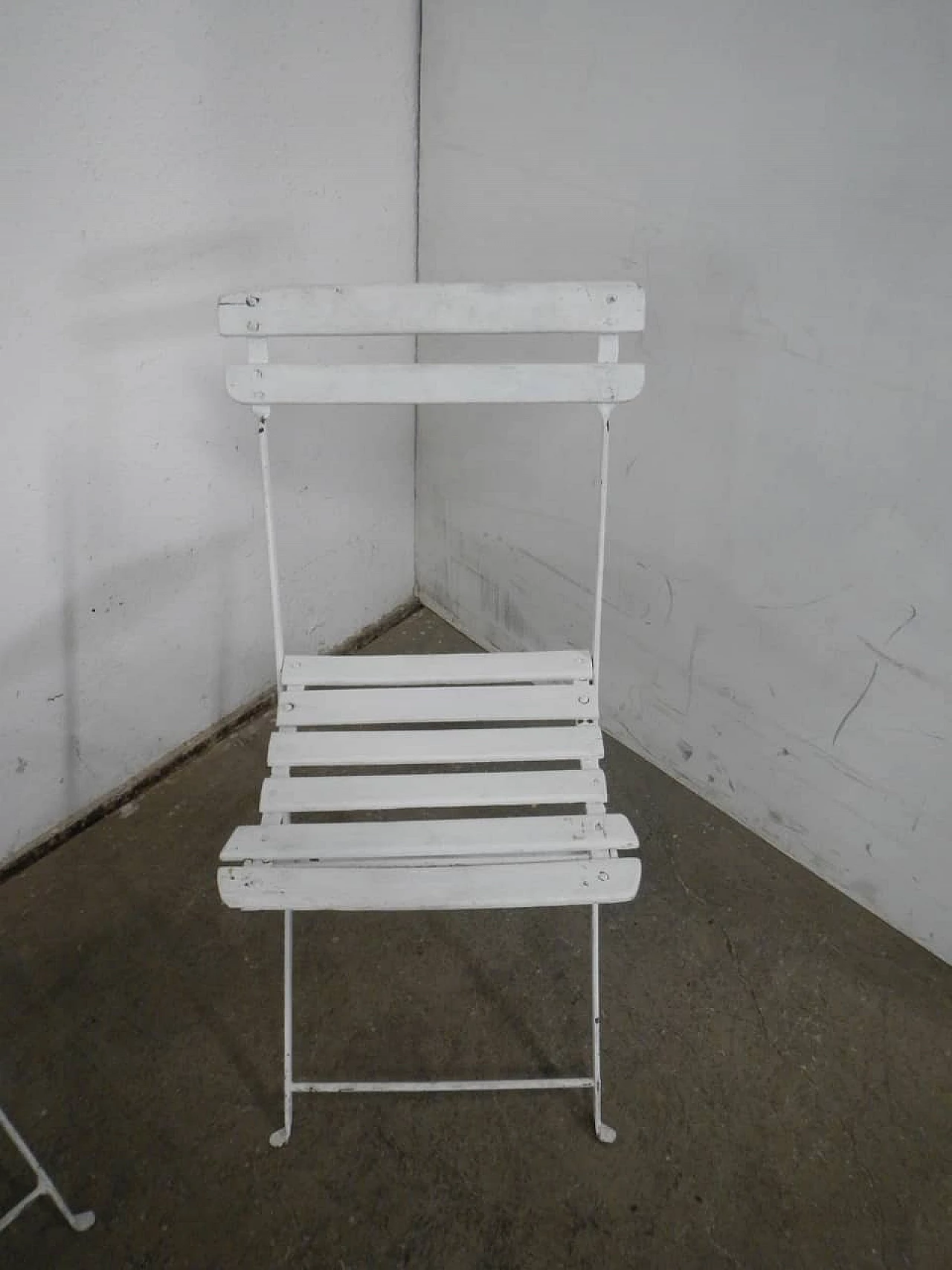 Pair of white iron and spruce folding chairs, 1950s 4