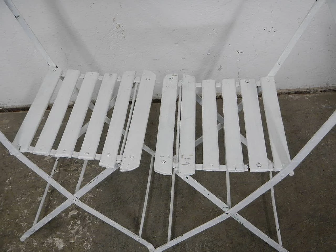 Pair of white iron and spruce folding chairs, 1950s 6