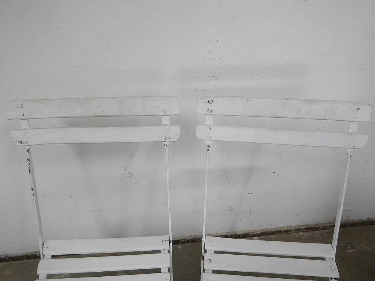 Pair of white iron and spruce folding chairs, 1950s 7