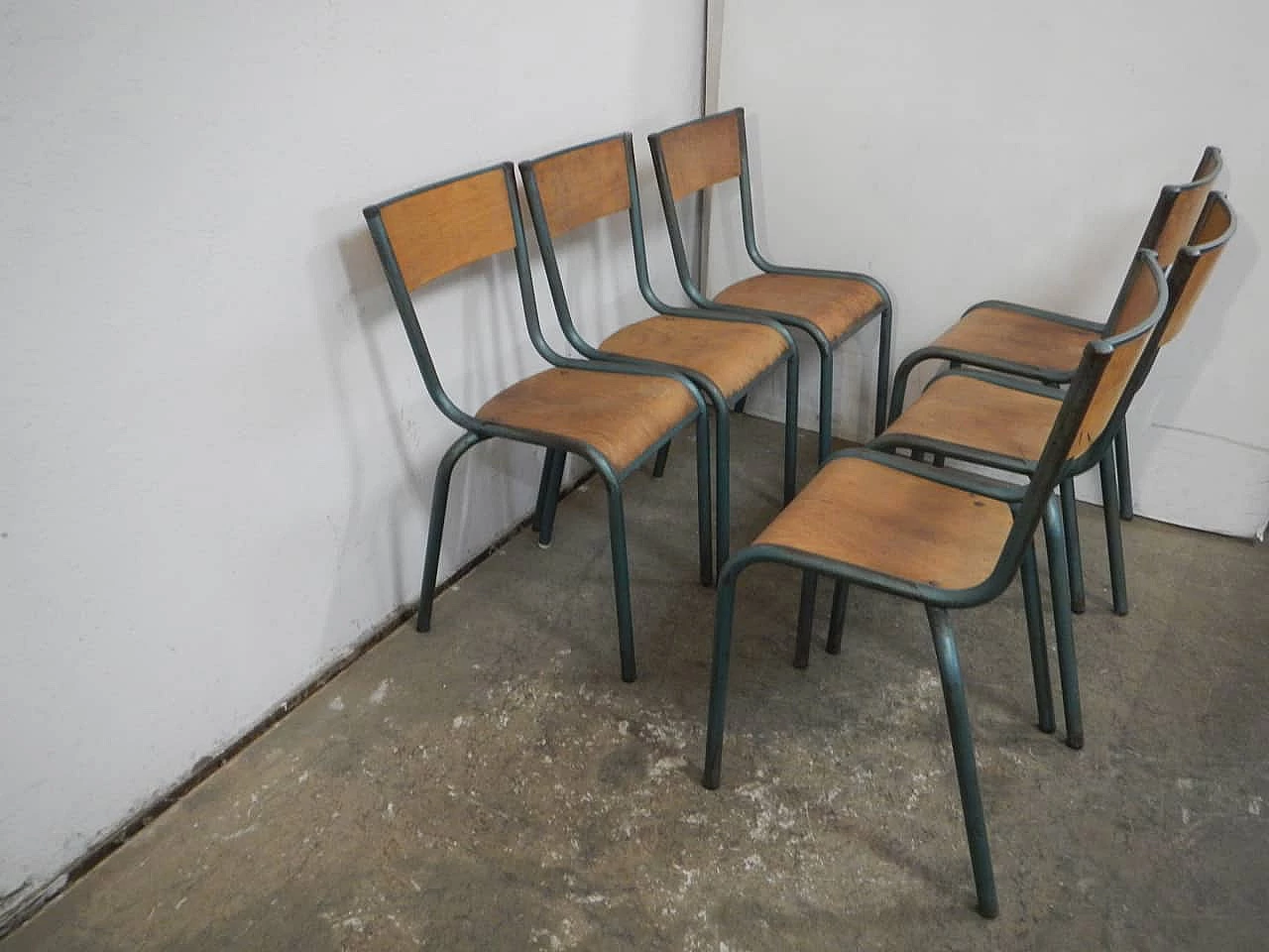 6 Green iron and birch stackable chairs by Mullca, 1960s 2