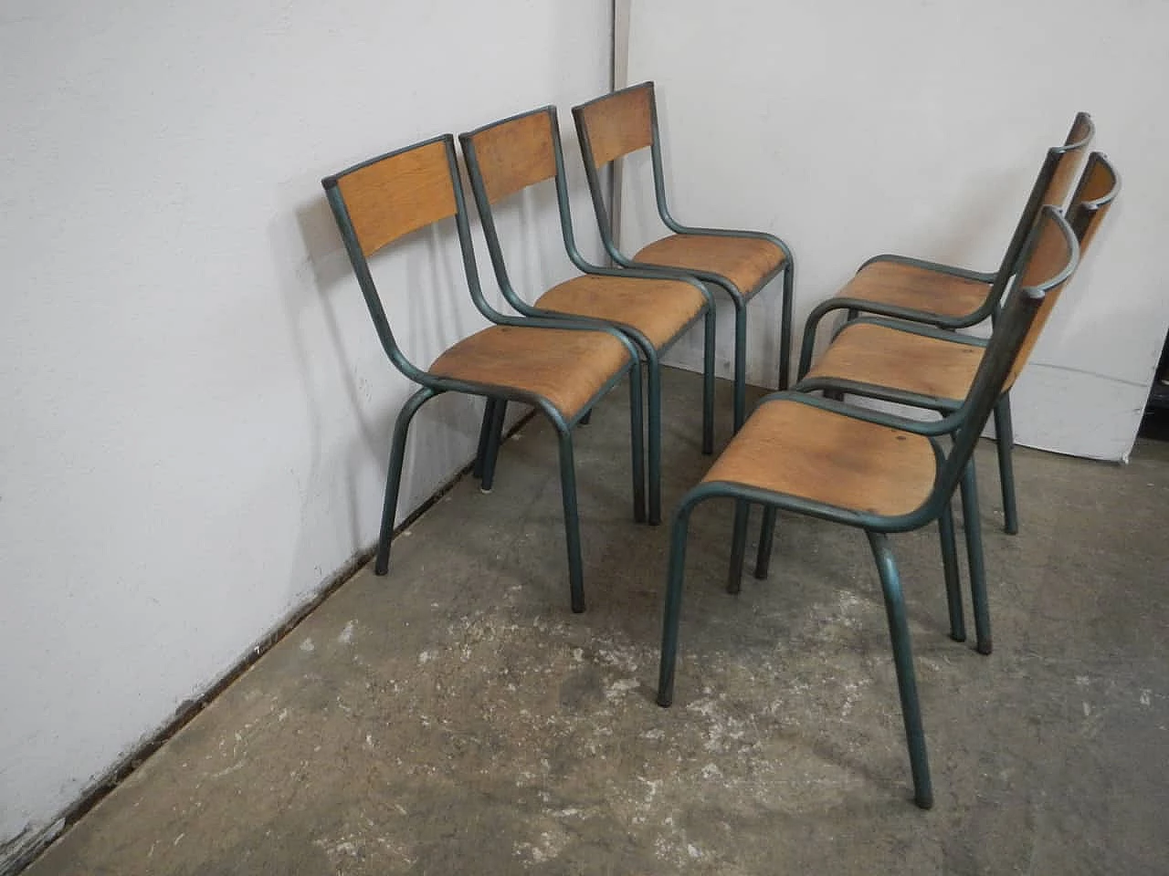 6 Green iron and birch stackable chairs by Mullca, 1960s 3
