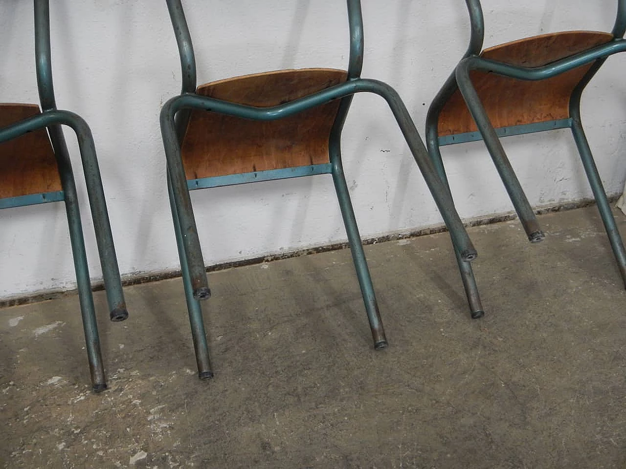 6 Green iron and birch stackable chairs by Mullca, 1960s 7