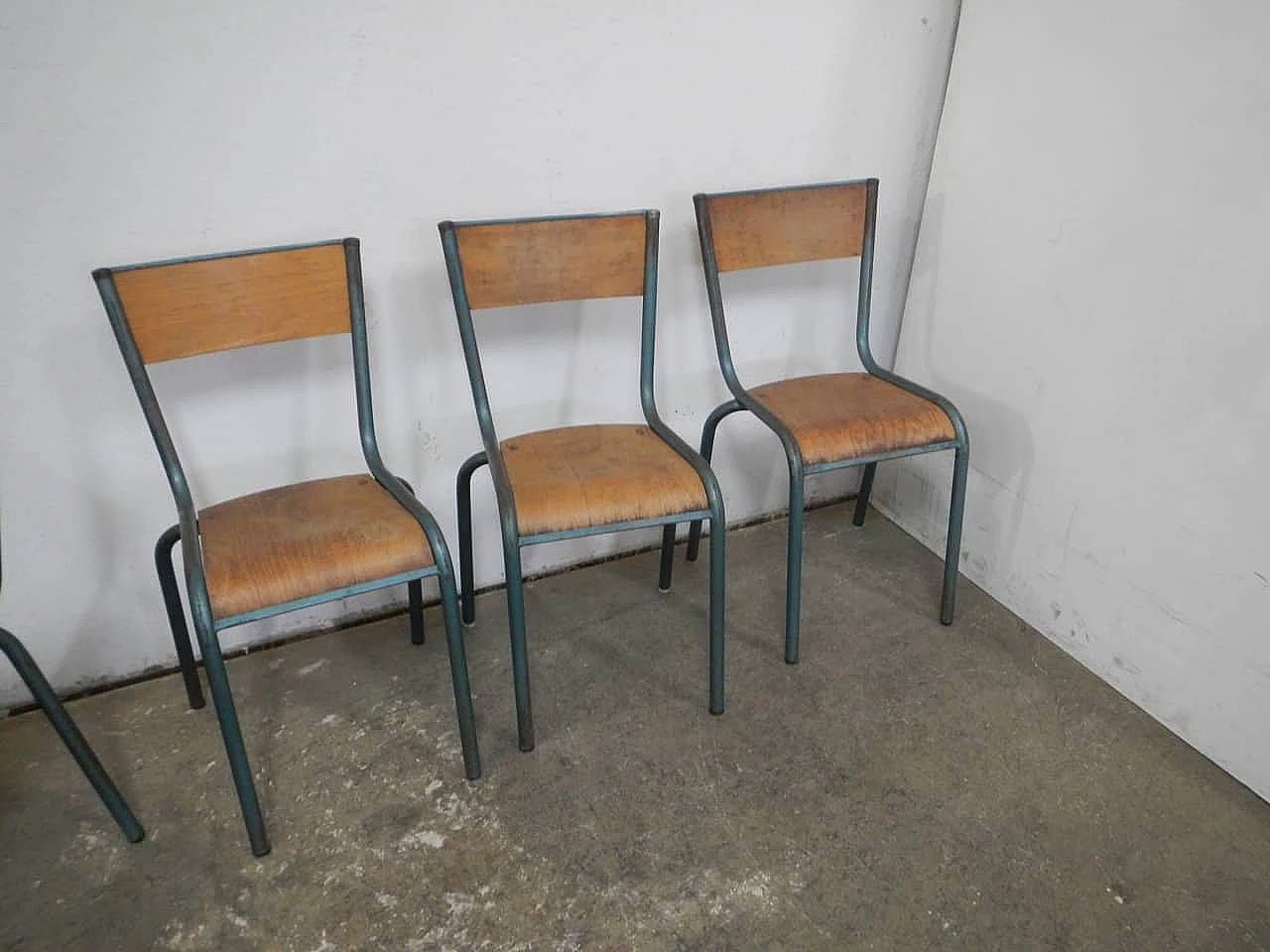 6 Green iron and birch stackable chairs by Mullca, 1960s 8