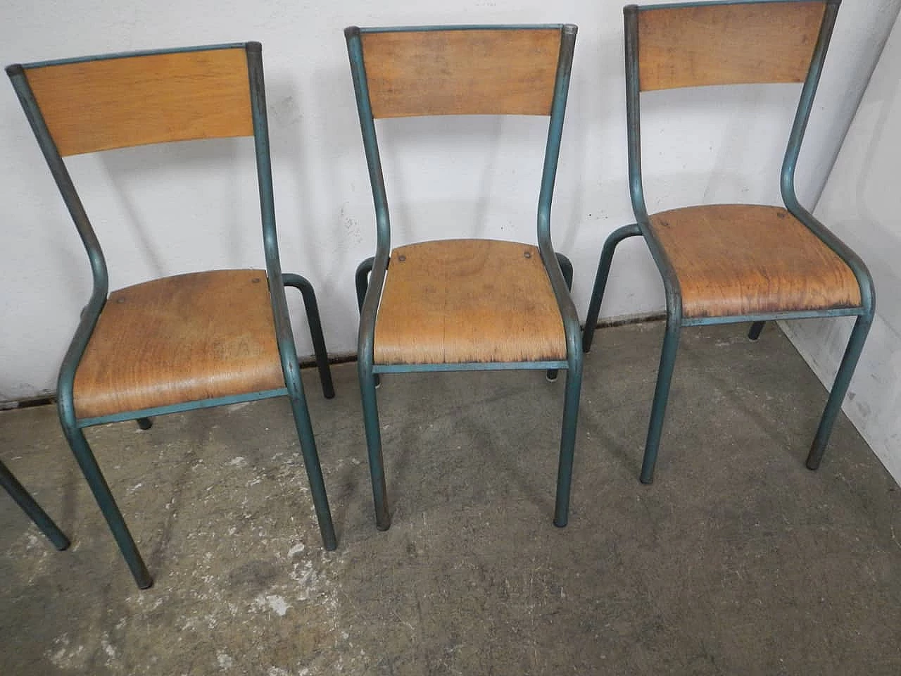 6 Green iron and birch stackable chairs by Mullca, 1960s 9