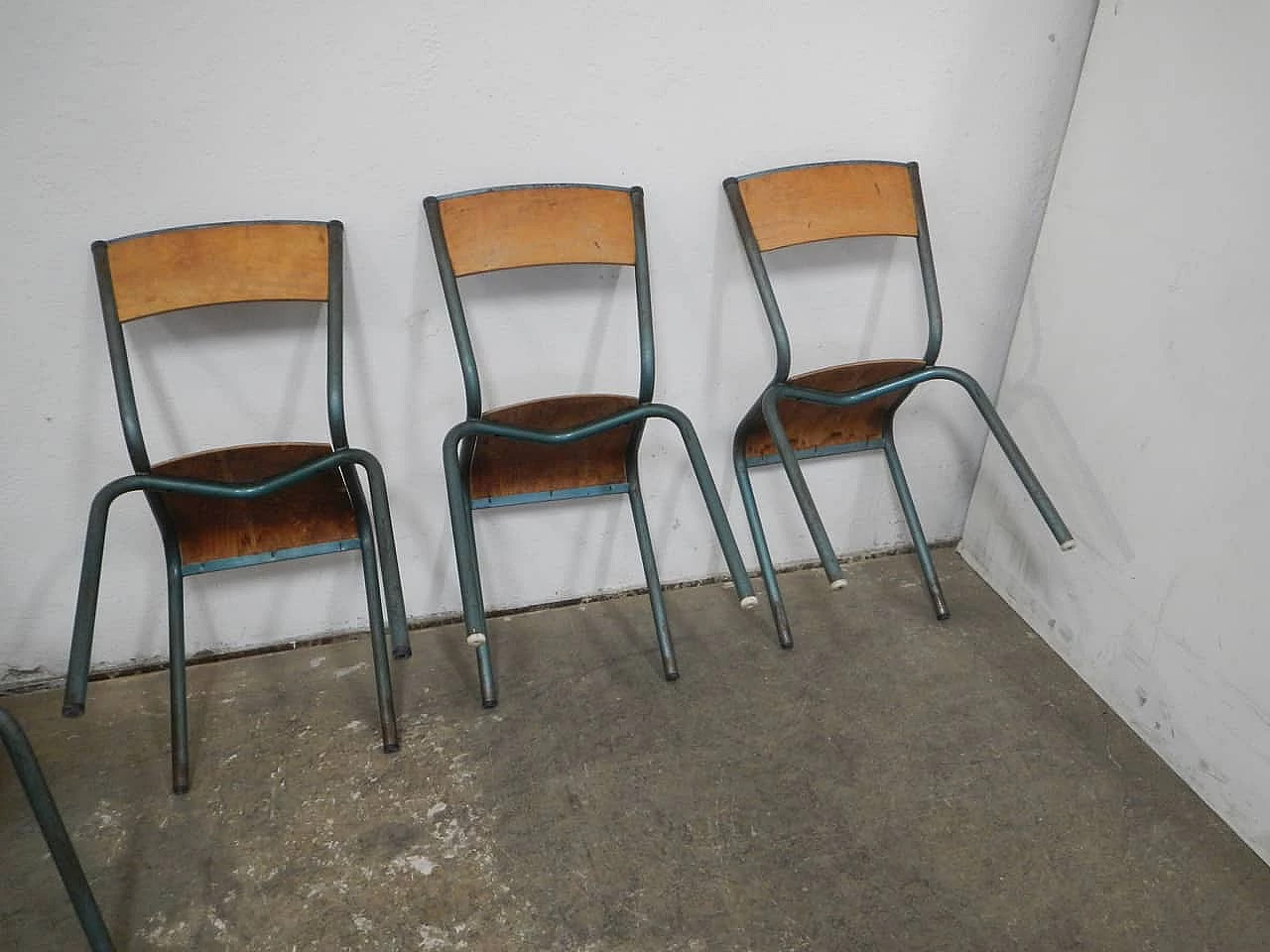 6 Green iron and birch stackable chairs by Mullca, 1960s 10