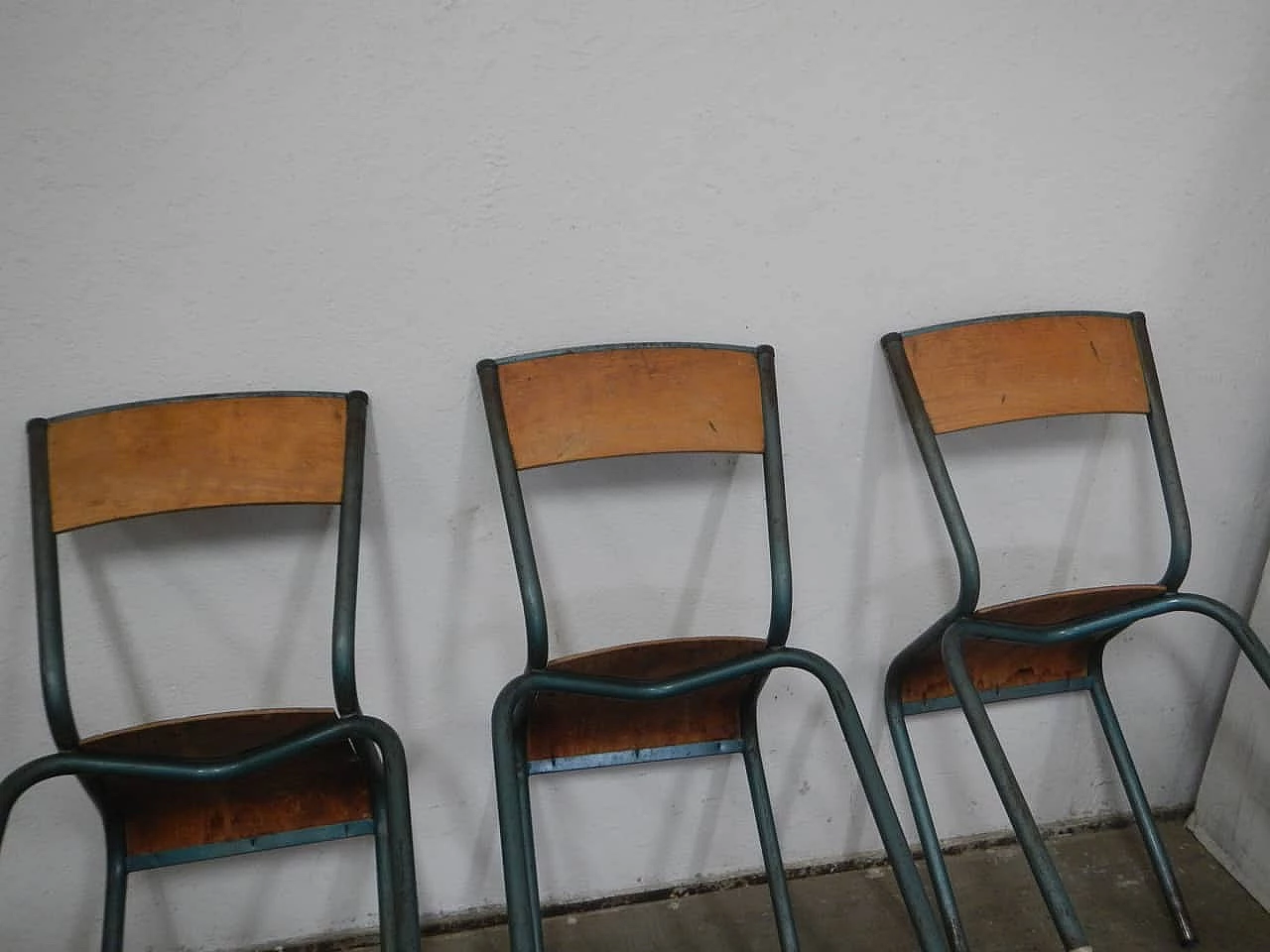 6 Green iron and birch stackable chairs by Mullca, 1960s 11