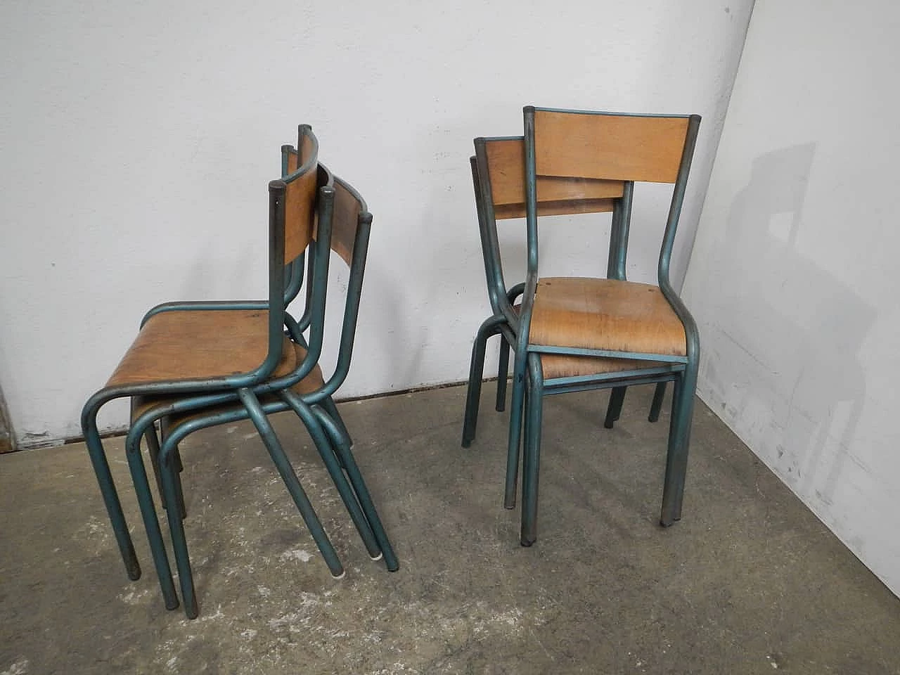 6 Green iron and birch stackable chairs by Mullca, 1960s 12