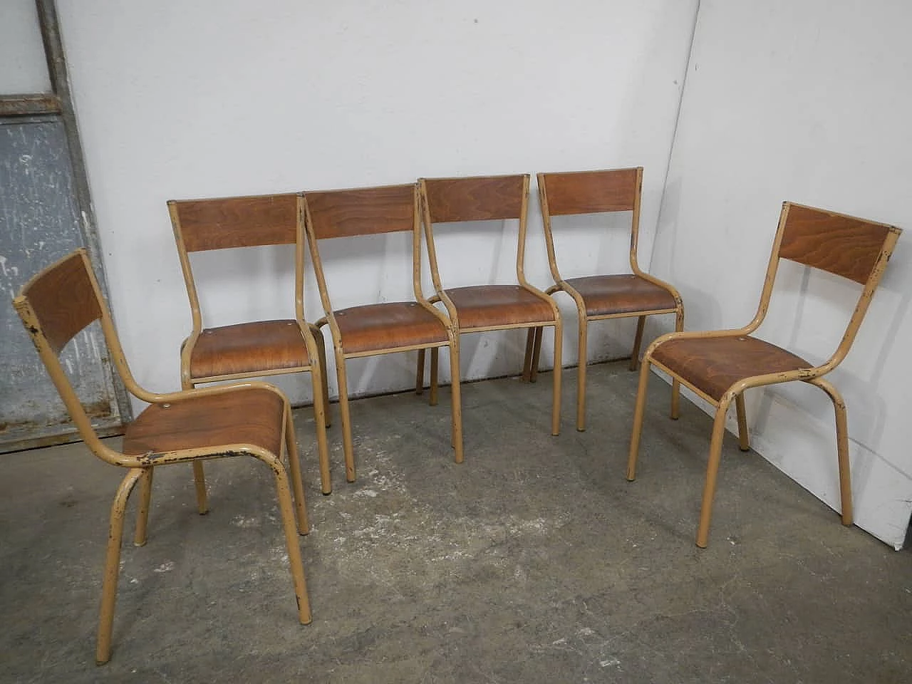 6 Ocher iron and birch stackable chairs by Mullca, 1960s 1