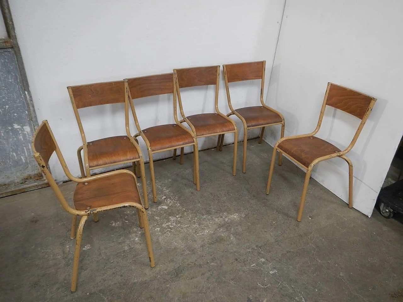 6 Ocher iron and birch stackable chairs by Mullca, 1960s 2