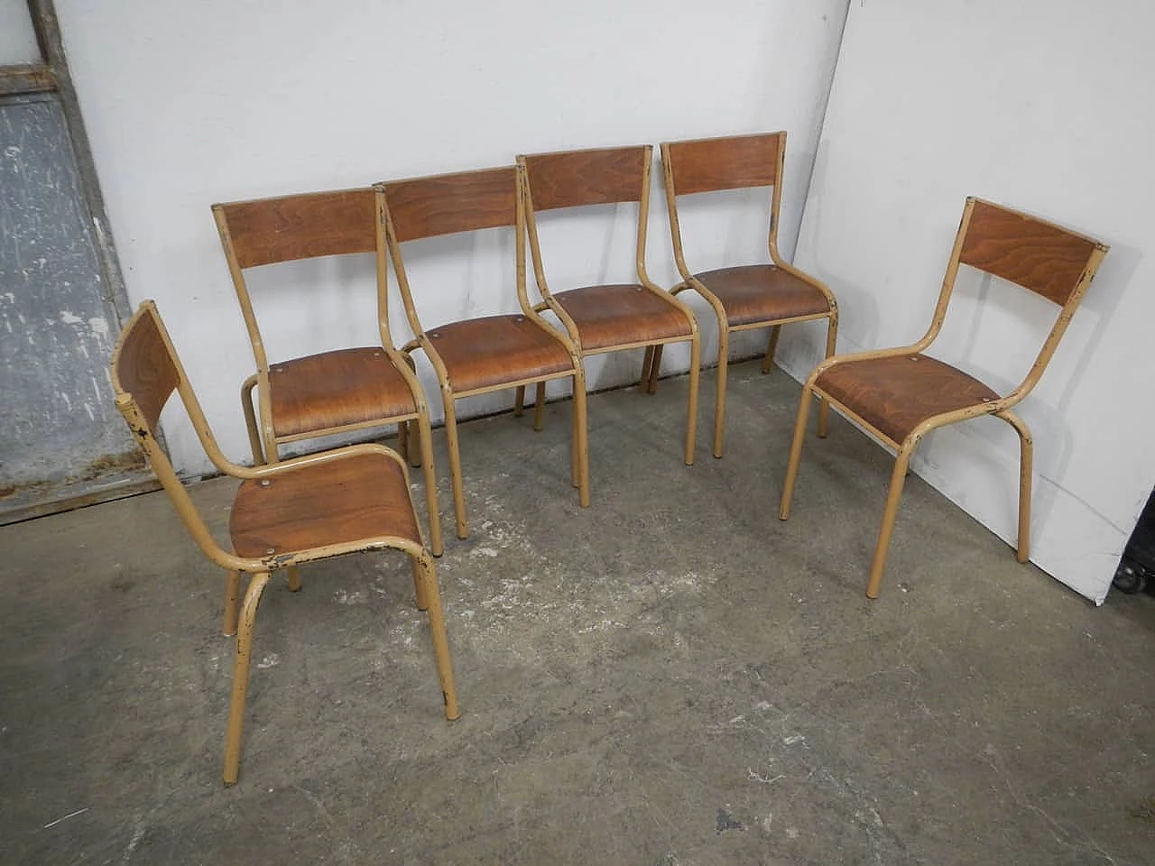6 Ocher iron and birch stackable chairs by Mullca, 1960s 3