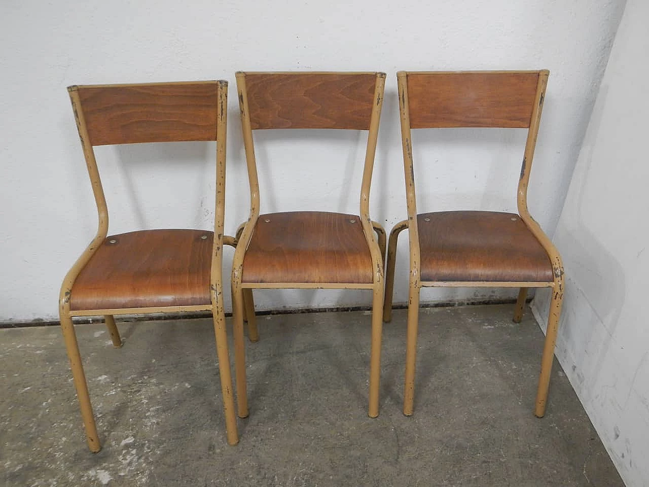 6 Ocher iron and birch stackable chairs by Mullca, 1960s 4
