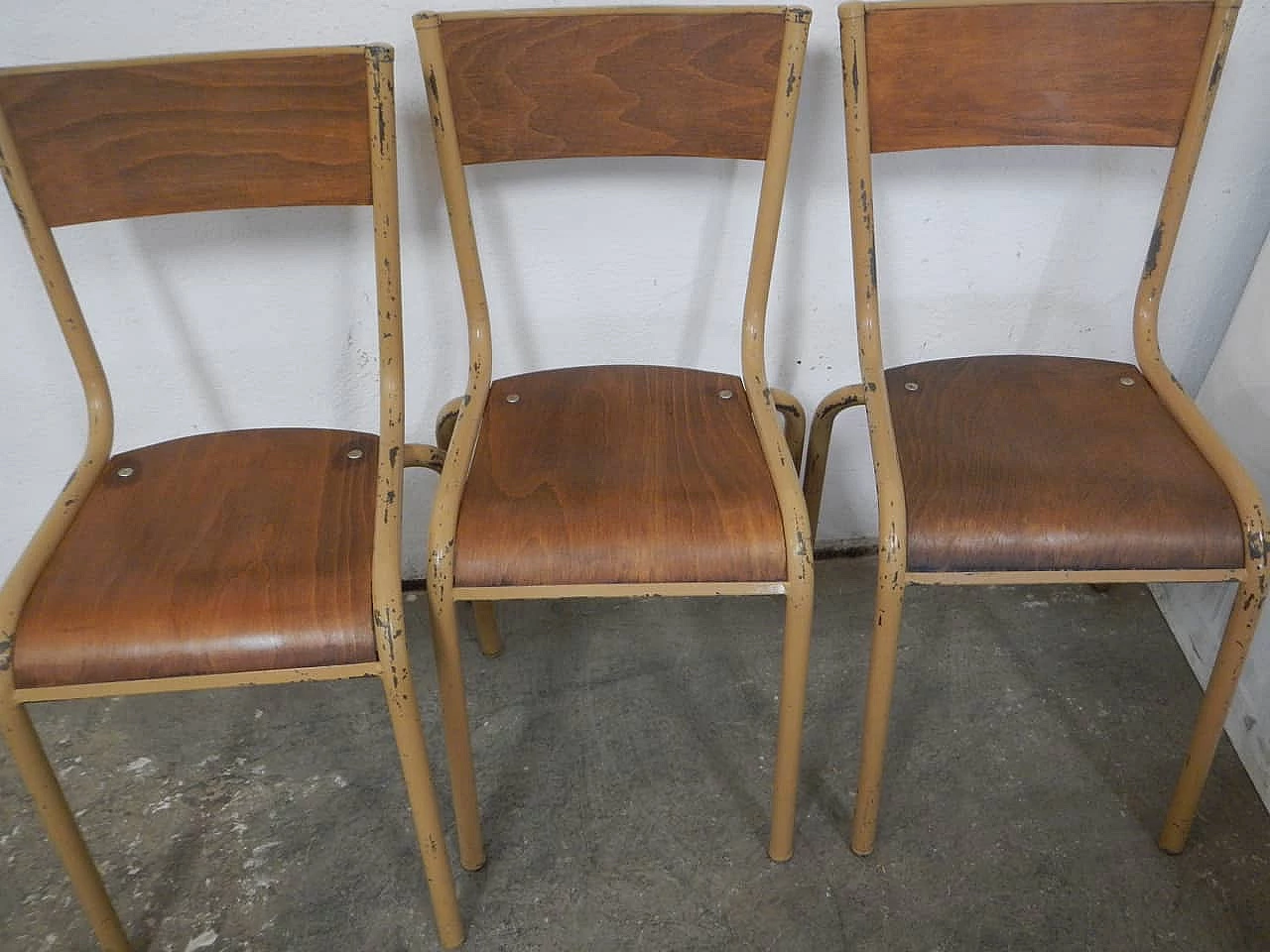 6 Ocher iron and birch stackable chairs by Mullca, 1960s 5