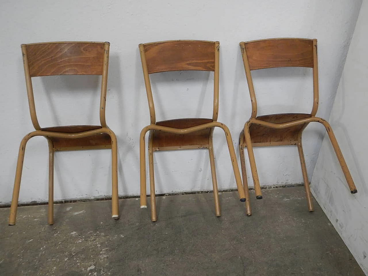 6 Ocher iron and birch stackable chairs by Mullca, 1960s 6