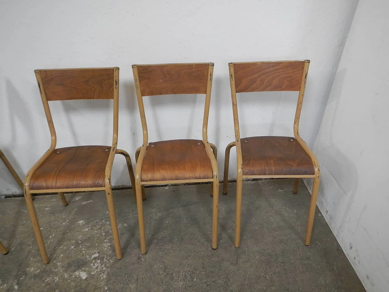 6 Ocher iron and birch stackable chairs by Mullca, 1960s 7