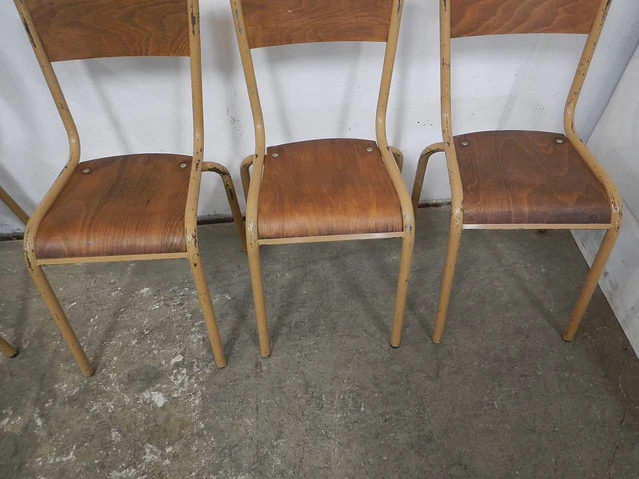 6 Ocher iron and birch stackable chairs by Mullca, 1960s 8