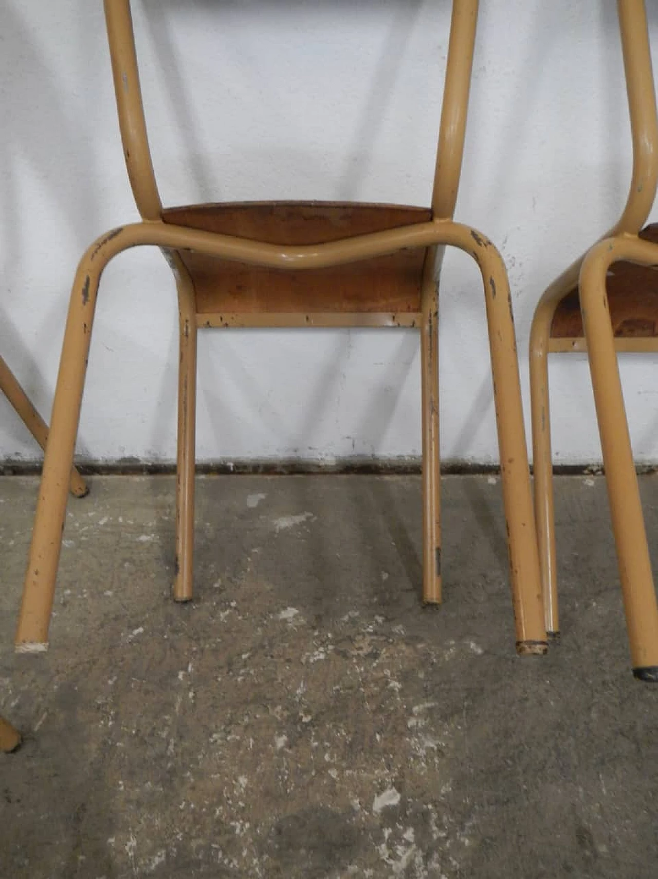 6 Ocher iron and birch stackable chairs by Mullca, 1960s 10