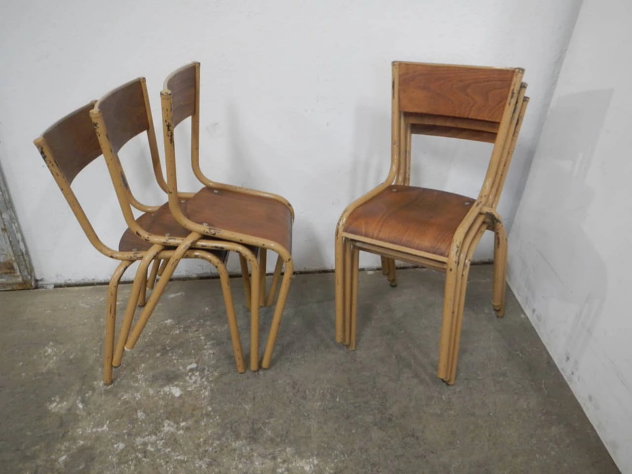 6 Ocher iron and birch stackable chairs by Mullca, 1960s 11
