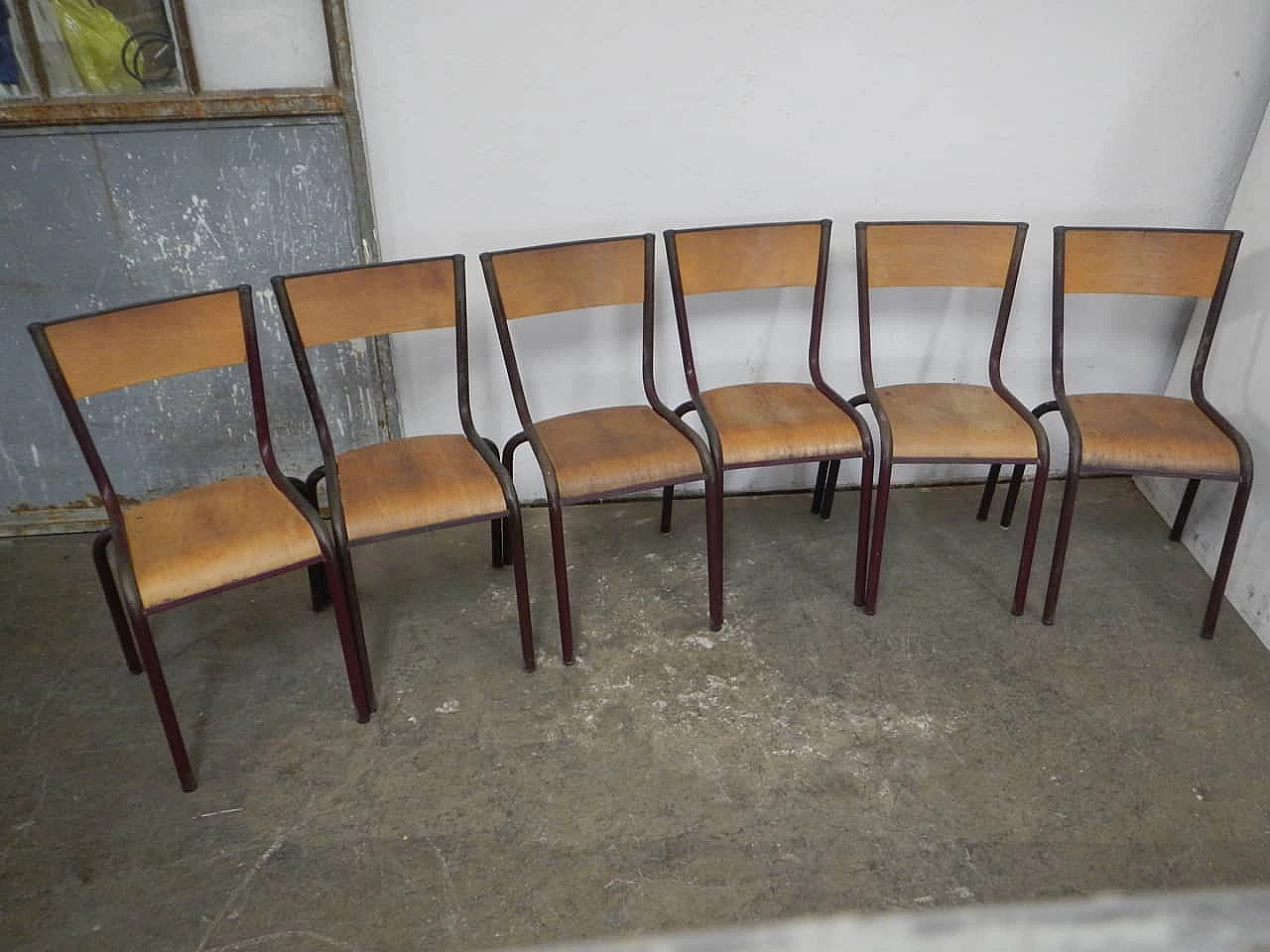 6 Burgundy iron and birch stackable chairs by Mullca, 1960s 1