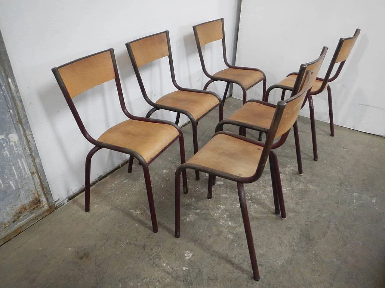 6 Burgundy iron and birch stackable chairs by Mullca, 1960s 2