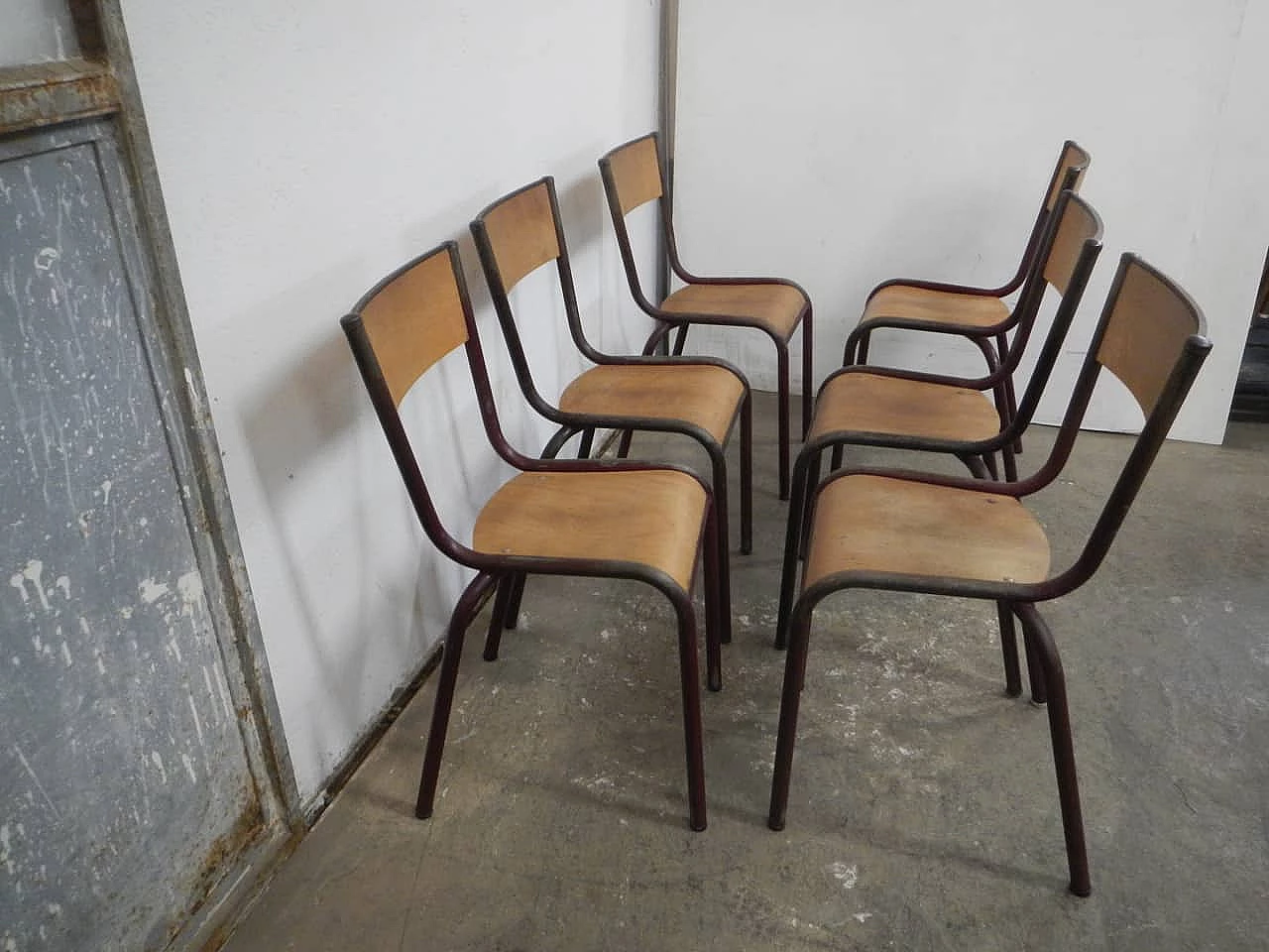 6 Burgundy iron and birch stackable chairs by Mullca, 1960s 3