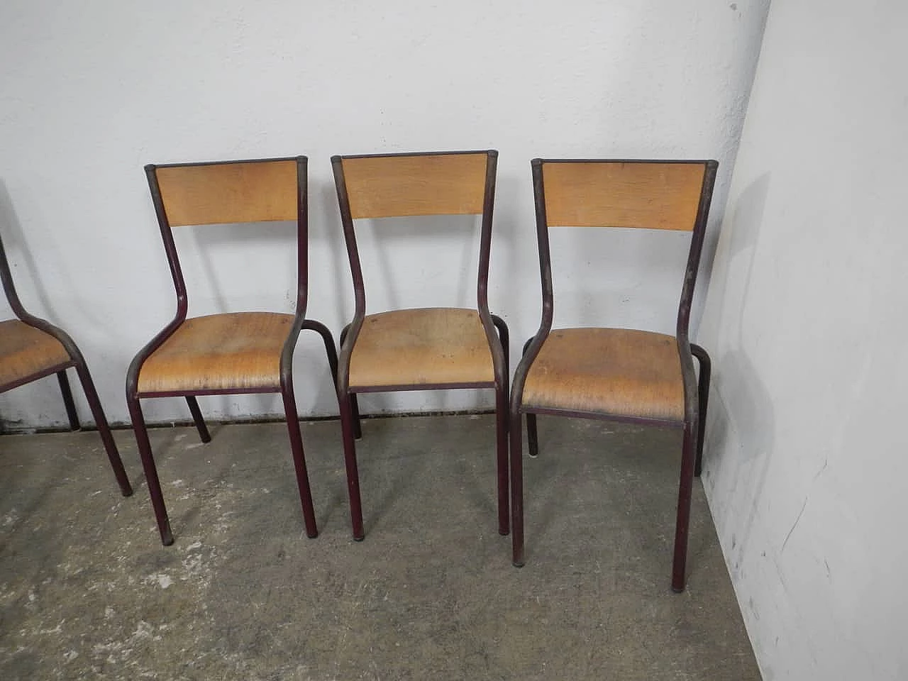 6 Burgundy iron and birch stackable chairs by Mullca, 1960s 4