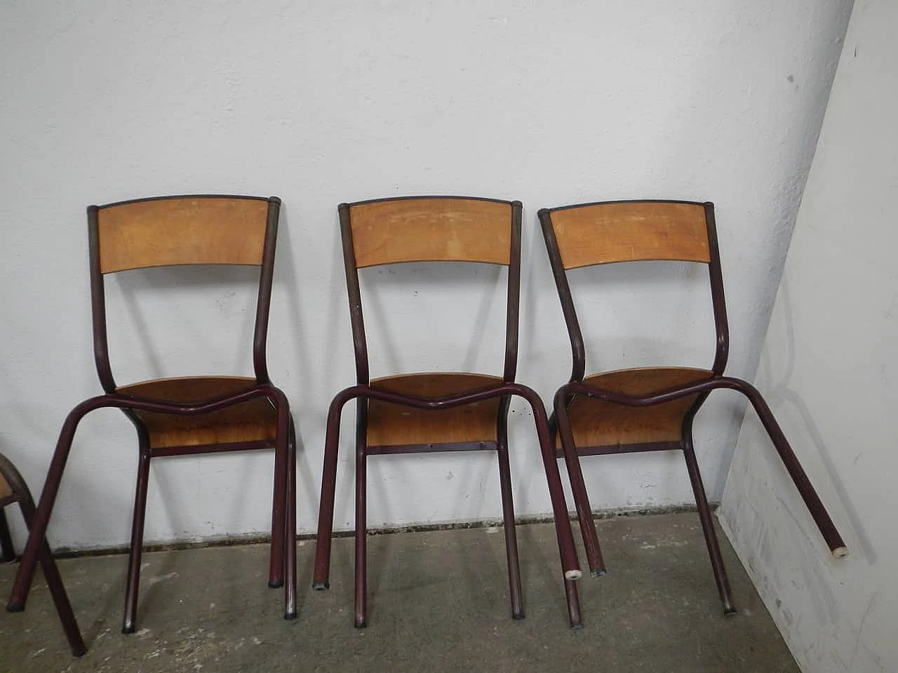 6 Burgundy iron and birch stackable chairs by Mullca, 1960s 6