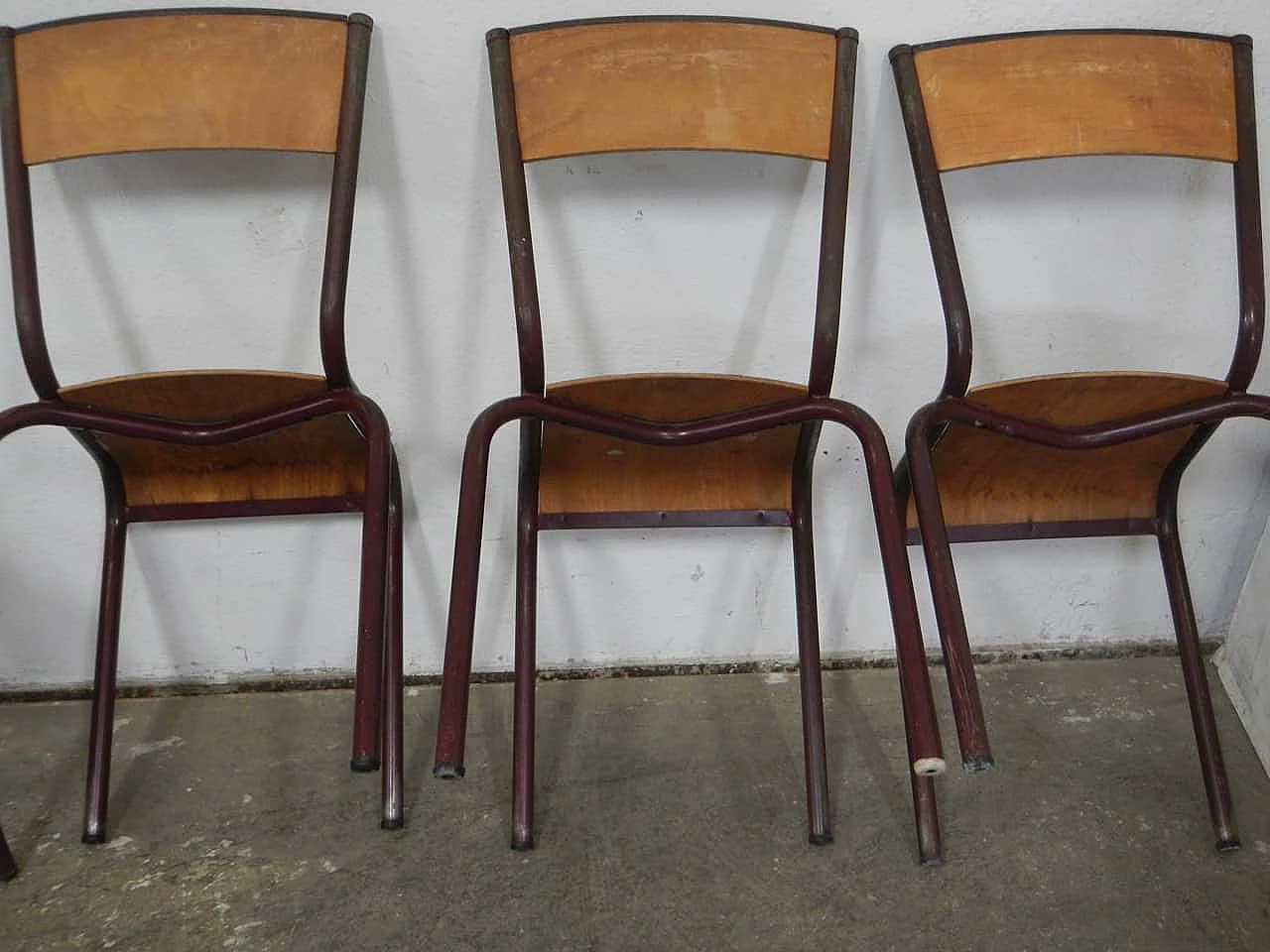 6 Burgundy iron and birch stackable chairs by Mullca, 1960s 7