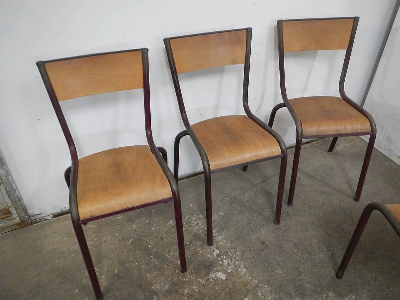 6 Burgundy iron and birch stackable chairs by Mullca, 1960s 8