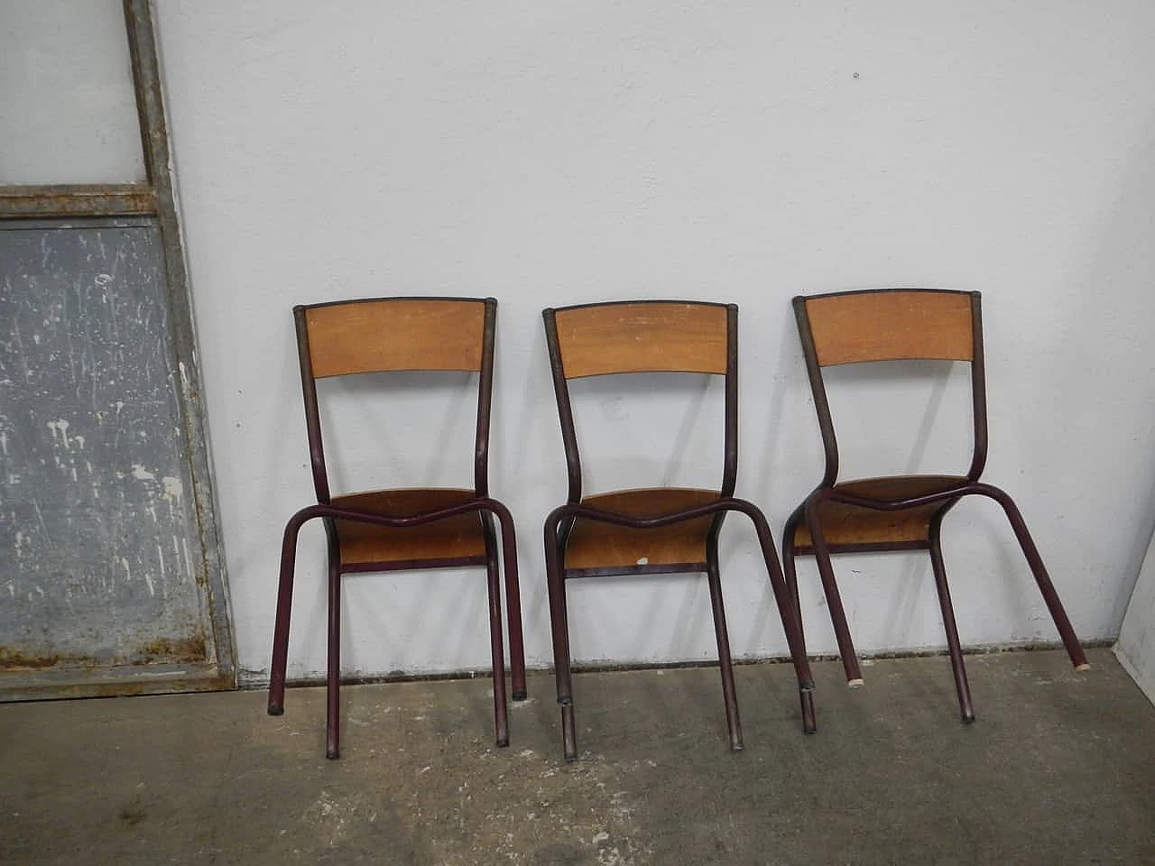 6 Burgundy iron and birch stackable chairs by Mullca, 1960s 9