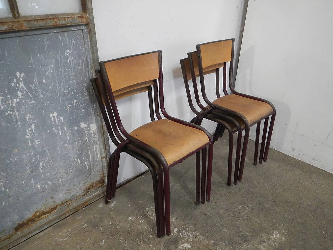 6 Burgundy iron and birch stackable chairs by Mullca, 1960s 10